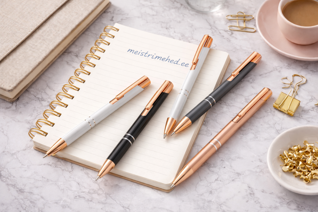 Taaskasutatud alumiiniumist nupuga pastapliiats sinise tindiga. Saadaval värvides hõbe, tumehall, roosakuld, must ja valge. Võimalus graveerida nimi või tekst. 